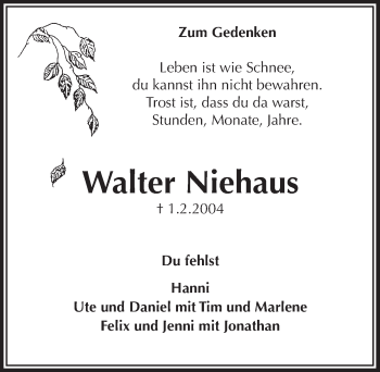 Anzeige von Walter Niehaus von  Anzeigen Echo 