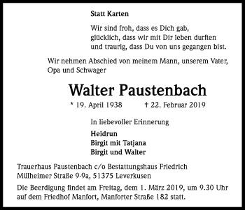 Anzeige von Walter Paustenbach von Kölner Stadt-Anzeiger / Kölnische Rundschau / Express