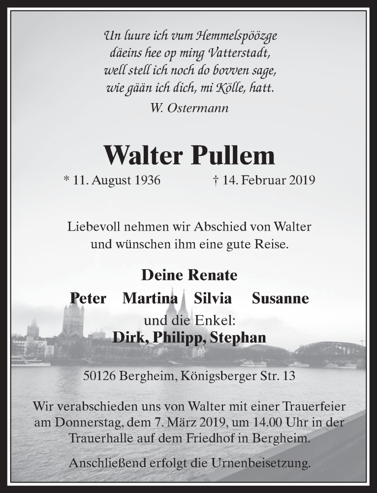  Traueranzeige für Walter Pullem vom 20.02.2019 aus  Werbepost 
