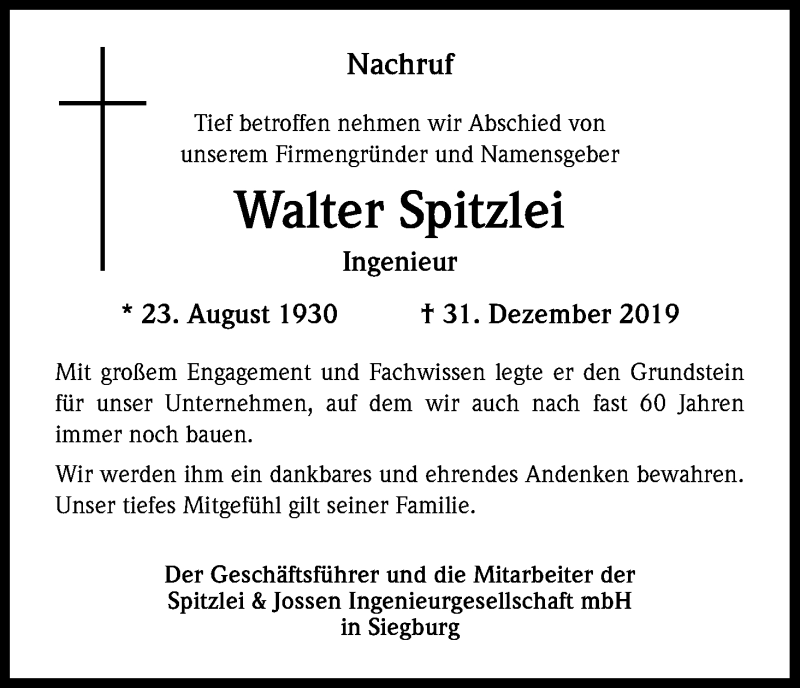  Traueranzeige für Walter Spitzlei vom 02.02.2019 aus Kölner Stadt-Anzeiger / Kölnische Rundschau / Express