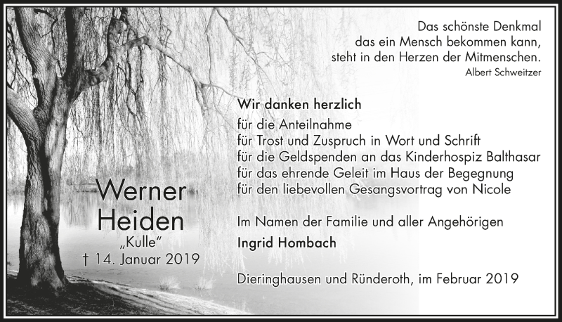  Traueranzeige für Werner Heiden vom 06.02.2019 aus  Anzeigen Echo 
