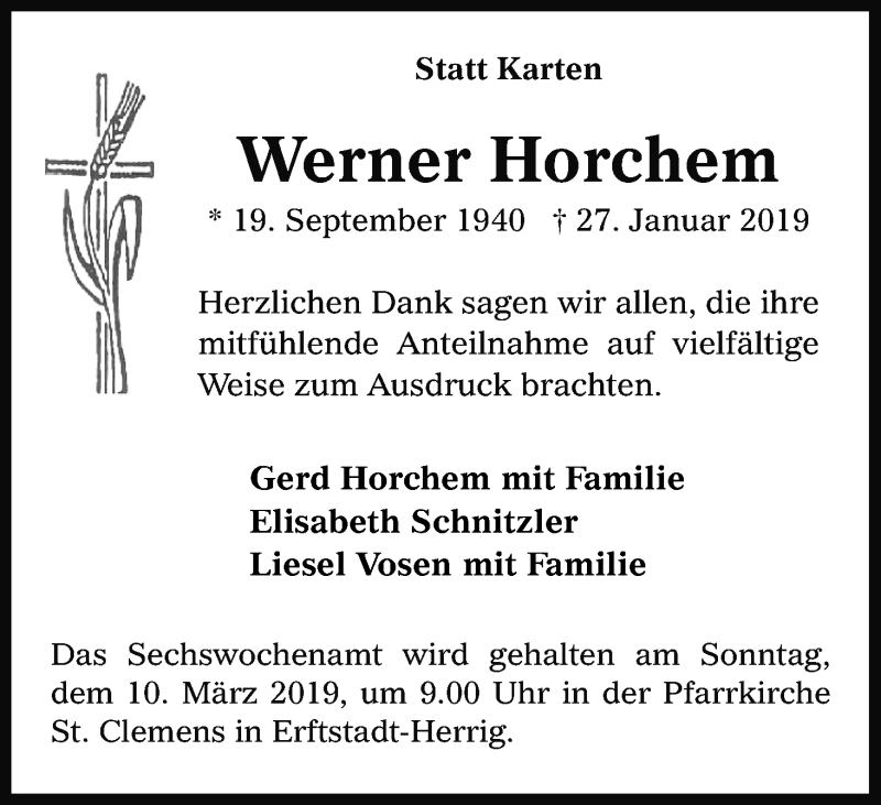  Traueranzeige für Werner Horchem vom 27.02.2019 aus Kölner Stadt-Anzeiger / Kölnische Rundschau / Express