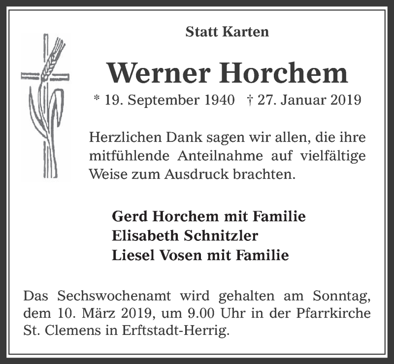  Traueranzeige für Werner Horchem vom 27.02.2019 aus  Werbepost 
