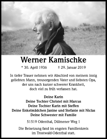 Anzeige von Werner Kamischke von Kölner Stadt-Anzeiger / Kölnische Rundschau / Express