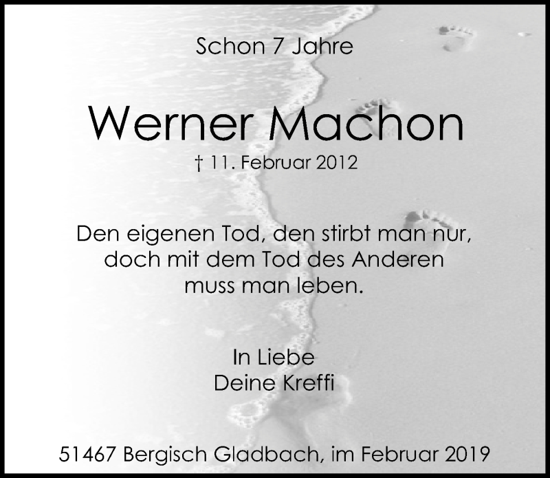  Traueranzeige für Werner Machon vom 13.02.2019 aus  Bergisches Handelsblatt 