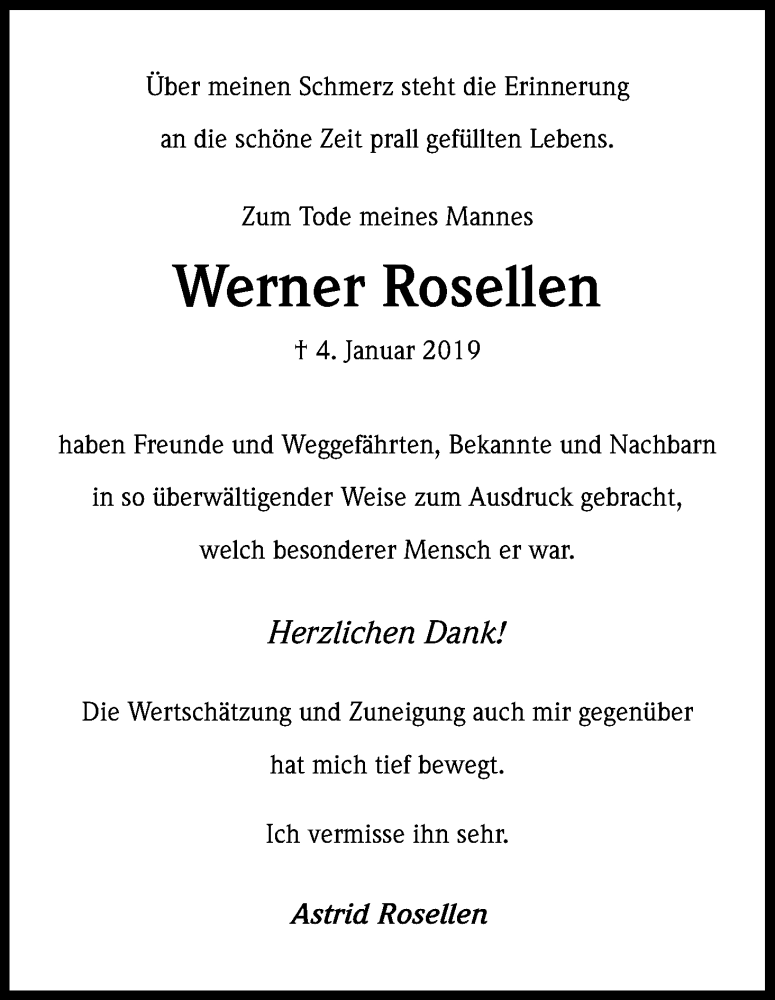  Traueranzeige für Werner Rosellen vom 09.02.2019 aus Kölner Stadt-Anzeiger / Kölnische Rundschau / Express