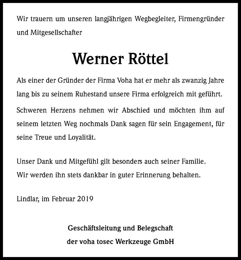 Traueranzeige für Werner Röttel vom 26.02.2019 aus Kölner Stadt-Anzeiger / Kölnische Rundschau / Express