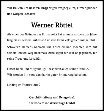 Anzeige von Werner Röttel von Kölner Stadt-Anzeiger / Kölnische Rundschau / Express