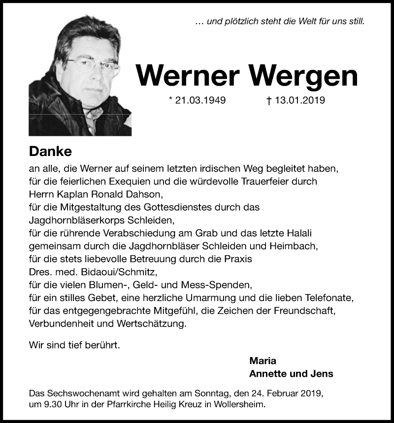  Traueranzeige für Werner Wergen vom 16.02.2019 aus  Blickpunkt Euskirchen 