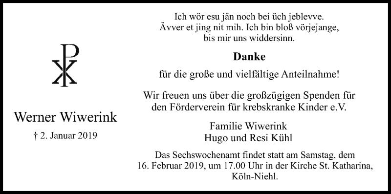  Traueranzeige für Werner Wiwerink vom 09.02.2019 aus Kölner Stadt-Anzeiger / Kölnische Rundschau / Express