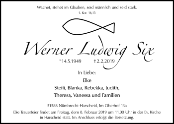 Anzeige von Werner Ludwig Six von  Lokalanzeiger 