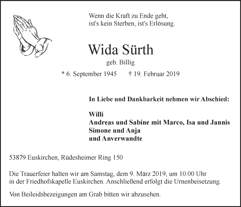  Traueranzeige für Wida Sürth vom 23.02.2019 aus  Blickpunkt Euskirchen 