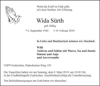 Anzeige von Wida Sürth von  Blickpunkt Euskirchen 