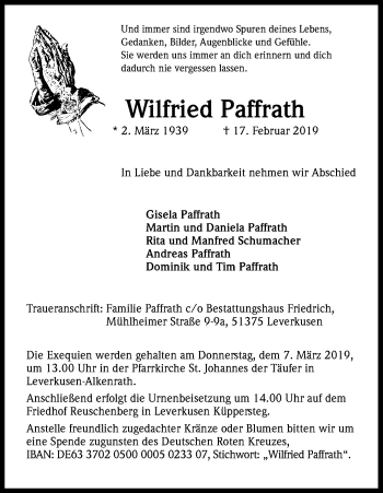 Anzeige von Wilfried Paffrath von Kölner Stadt-Anzeiger / Kölnische Rundschau / Express