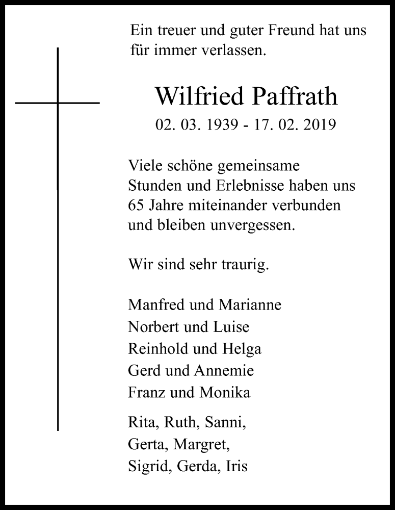  Traueranzeige für Wilfried Paffrath vom 23.02.2019 aus Kölner Stadt-Anzeiger / Kölnische Rundschau / Express