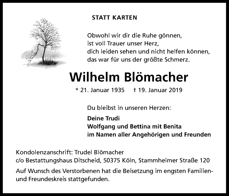  Traueranzeige für Wilhelm Blömacher vom 08.02.2019 aus Kölner Stadt-Anzeiger / Kölnische Rundschau / Express