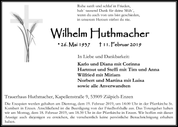 Anzeige von Wilhelm Huthmacher von  Blickpunkt Euskirchen 