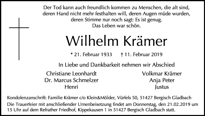  Traueranzeige für Wilhelm Krämer vom 16.02.2019 aus Kölner Stadt-Anzeiger / Kölnische Rundschau / Express