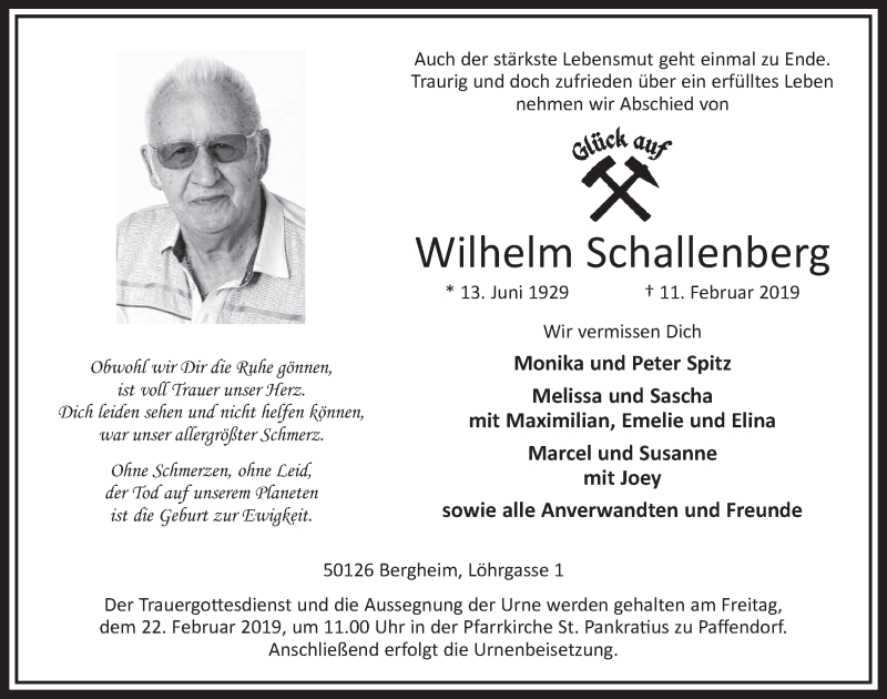  Traueranzeige für Wilhelm Schallenberg vom 16.02.2019 aus  Sonntags-Post 