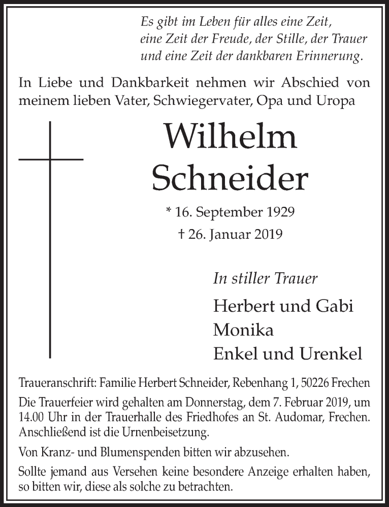  Traueranzeige für Wilhelm Schneider vom 02.02.2019 aus  Sonntags-Post 