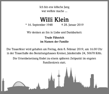 Anzeige von Willi Klein von Kölner Stadt-Anzeiger / Kölnische Rundschau / Express