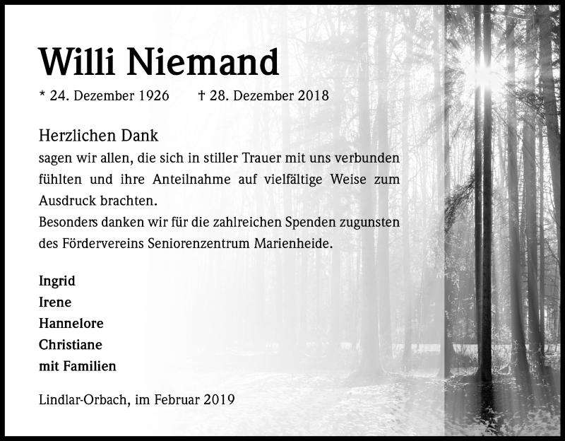  Traueranzeige für Willi Niemand vom 09.02.2019 aus Kölner Stadt-Anzeiger / Kölnische Rundschau / Express