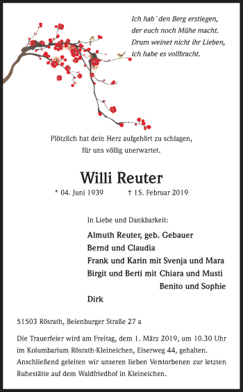 Anzeige von Willi Reuter von Kölner Stadt-Anzeiger / Kölnische Rundschau / Express