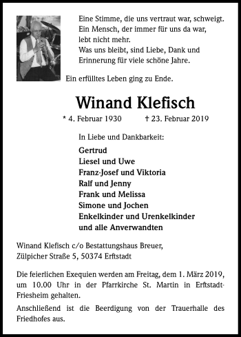 Anzeige von Winand Klefisch von Kölner Stadt-Anzeiger / Kölnische Rundschau / Express