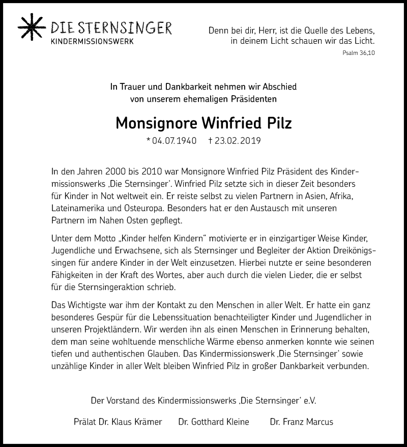  Traueranzeige für Winfried Pilz vom 28.02.2019 aus Kölner Stadt-Anzeiger / Kölnische Rundschau / Express