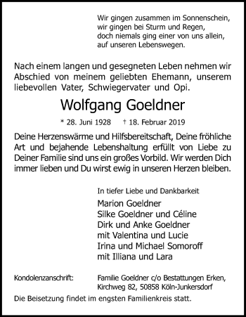 Anzeige von Wolfgang Goeldner von Kölner Stadt-Anzeiger / Kölnische Rundschau / Express