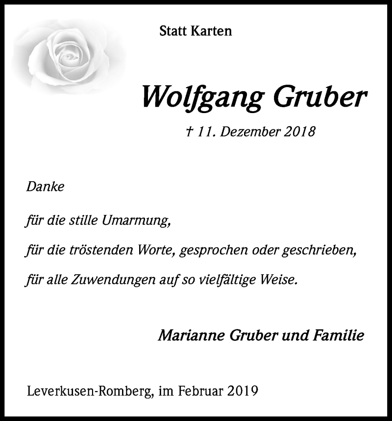  Traueranzeige für Wolfgang Gruber vom 02.02.2019 aus Kölner Stadt-Anzeiger / Kölnische Rundschau / Express