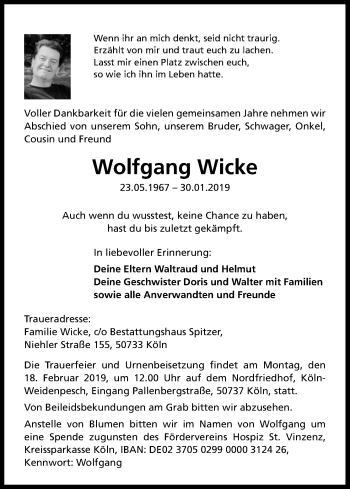 Anzeige von Wolfgang Wicke von Kölner Stadt-Anzeiger / Kölnische Rundschau / Express