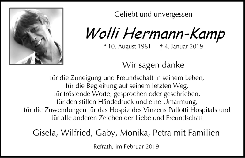  Traueranzeige für Wolli Hermann-Kamp vom 20.02.2019 aus  Bergisches Handelsblatt 