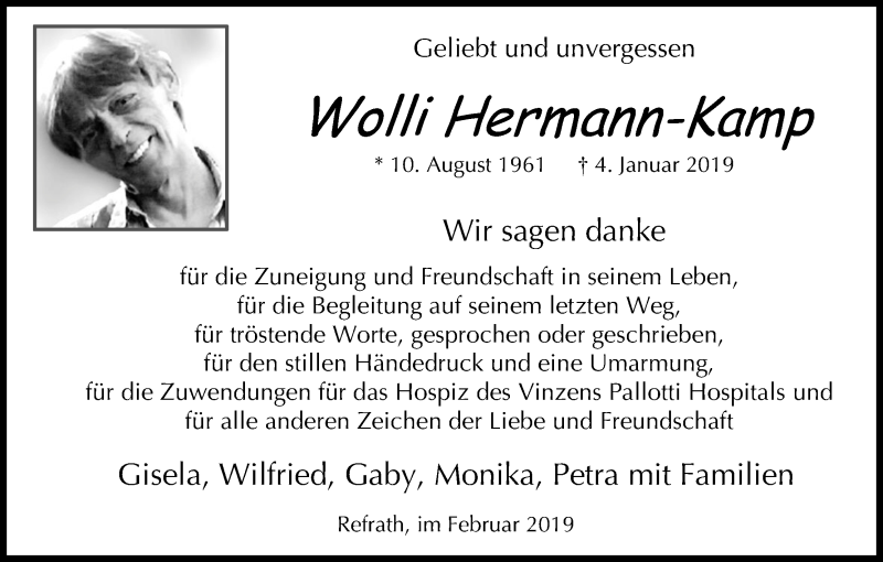  Traueranzeige für Wolli Hermann-Kamp vom 16.02.2019 aus Kölner Stadt-Anzeiger / Kölnische Rundschau / Express