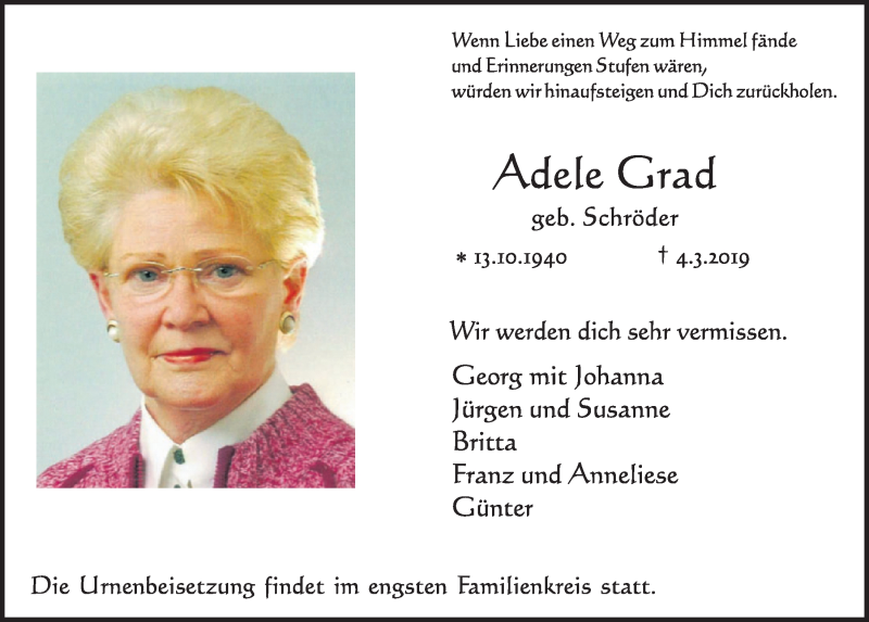  Traueranzeige für Adele Grad vom 13.03.2019 aus  Schlossbote/Werbekurier 