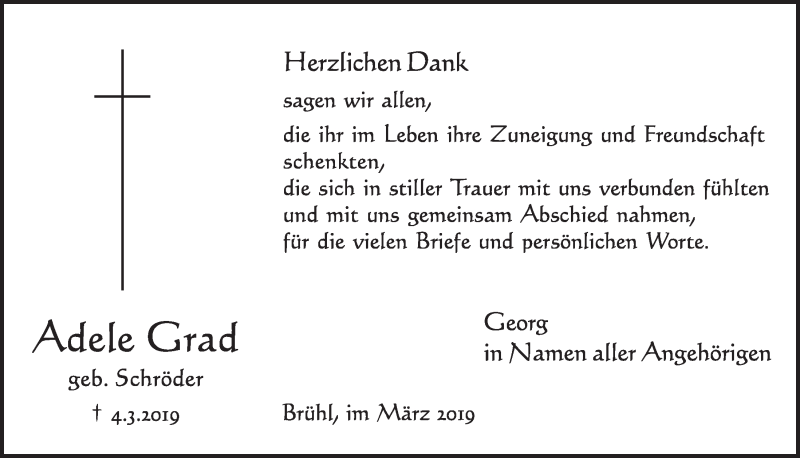  Traueranzeige für Adele Grad vom 20.03.2019 aus  Schlossbote/Werbekurier 