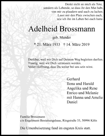 Anzeige von Adelheid Brossmann von Kölner Stadt-Anzeiger / Kölnische Rundschau / Express