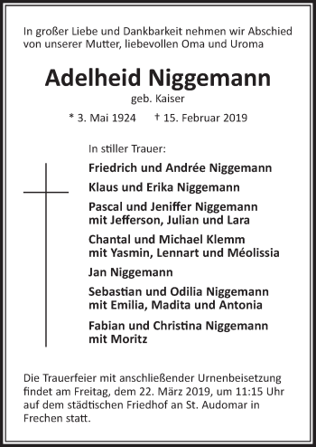 Anzeige von Adelheid Niggemann von  Sonntags-Post 
