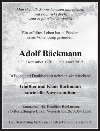 Anzeige von Adolf Bäckmann von  Wochenende 