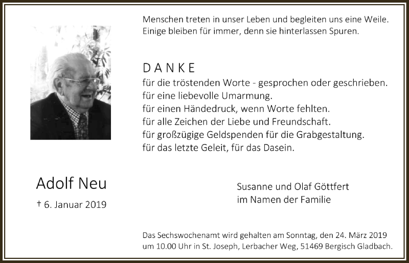  Traueranzeige für Adolf Neu vom 13.03.2019 aus  Bergisches Handelsblatt 