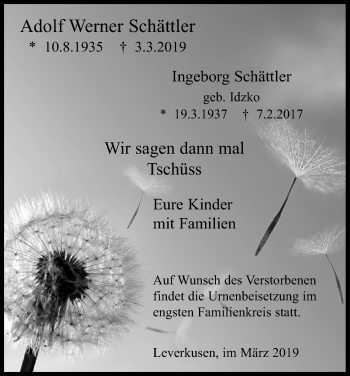 Anzeige von Adolf Werner Schättler von Kölner Stadt-Anzeiger / Kölnische Rundschau / Express