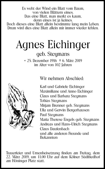 Anzeige von Agnes Eichinger von Kölner Stadt-Anzeiger / Kölnische Rundschau / Express