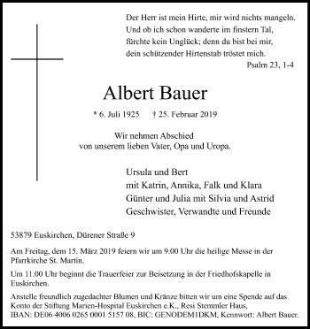 Anzeige von Albert Bauer von Kölner Stadt-Anzeiger / Kölnische Rundschau / Express