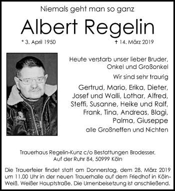 Anzeige von Albert Regelin von  Kölner Wochenspiegel 