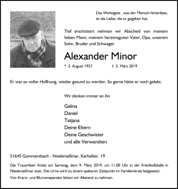 Anzeige von Alexander Minor von Kölner Stadt-Anzeiger / Kölnische Rundschau / Express