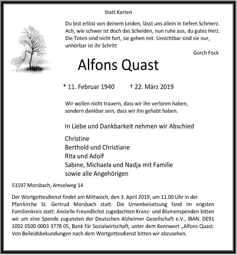  Traueranzeige für Alfons Quast vom 27.03.2019 aus  Lokalanzeiger 