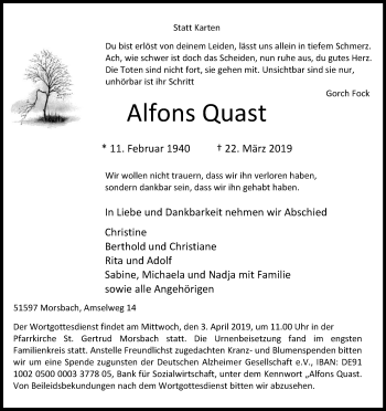 Anzeige von Alfons Quast von Kölner Stadt-Anzeiger / Kölnische Rundschau / Express