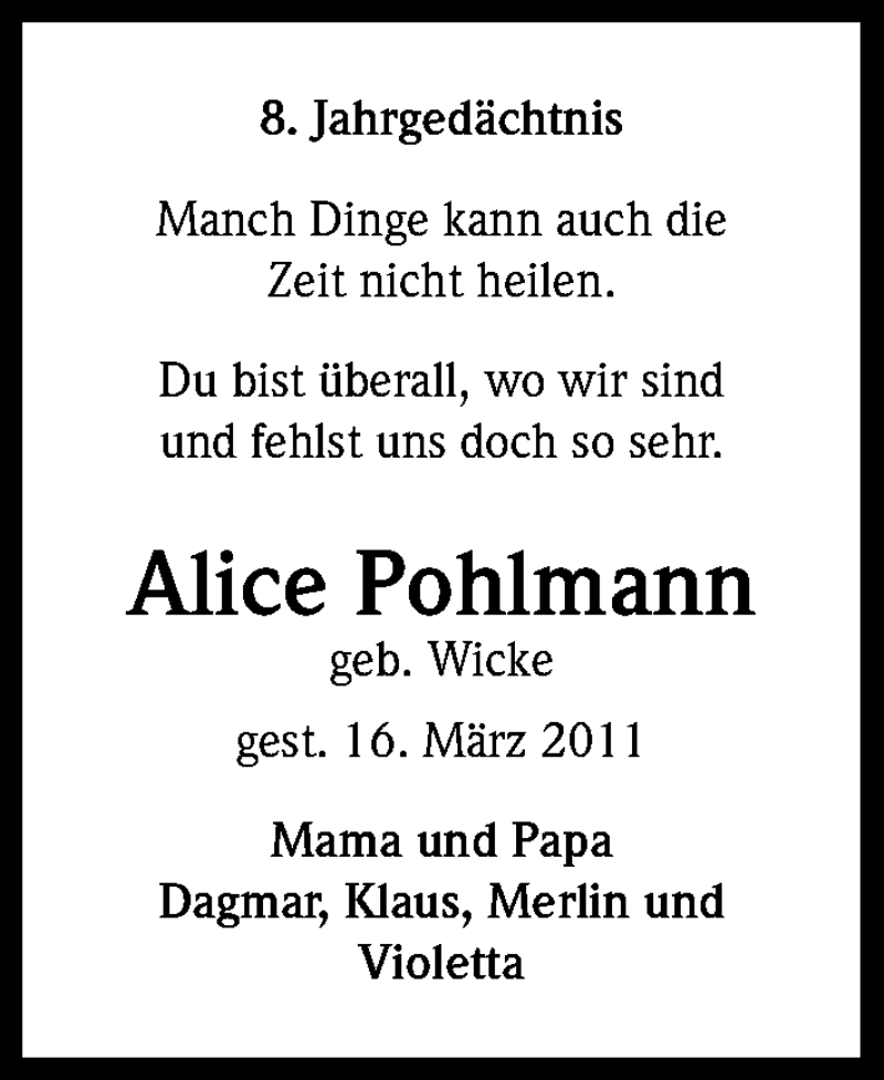  Traueranzeige für Alice Pohlmann vom 16.03.2019 aus Kölner Stadt-Anzeiger / Kölnische Rundschau / Express