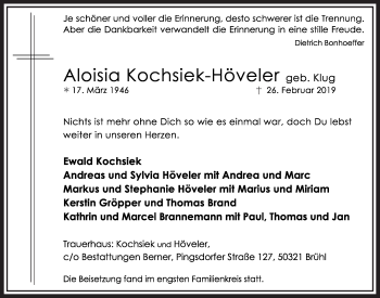 Anzeige von Aloisia Kochsiek-Höveler von  Schlossbote/Werbekurier 