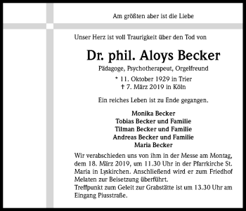 Anzeige von Aloys Becker von Kölner Stadt-Anzeiger / Kölnische Rundschau / Express